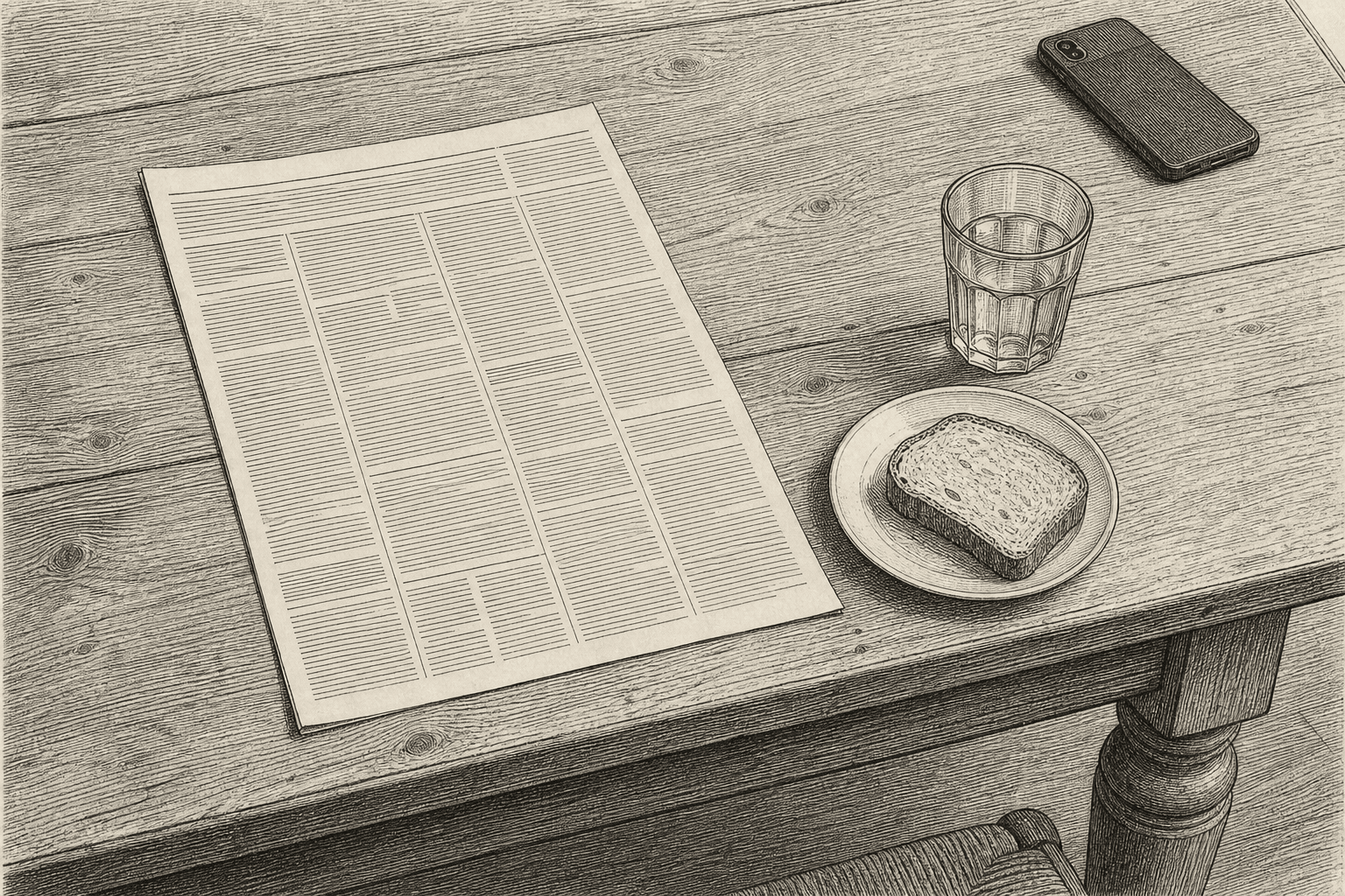 Gravure : une feuille A4 posée sur une table de cuisine, à côté d’un goûter et d’un téléphone retourné.