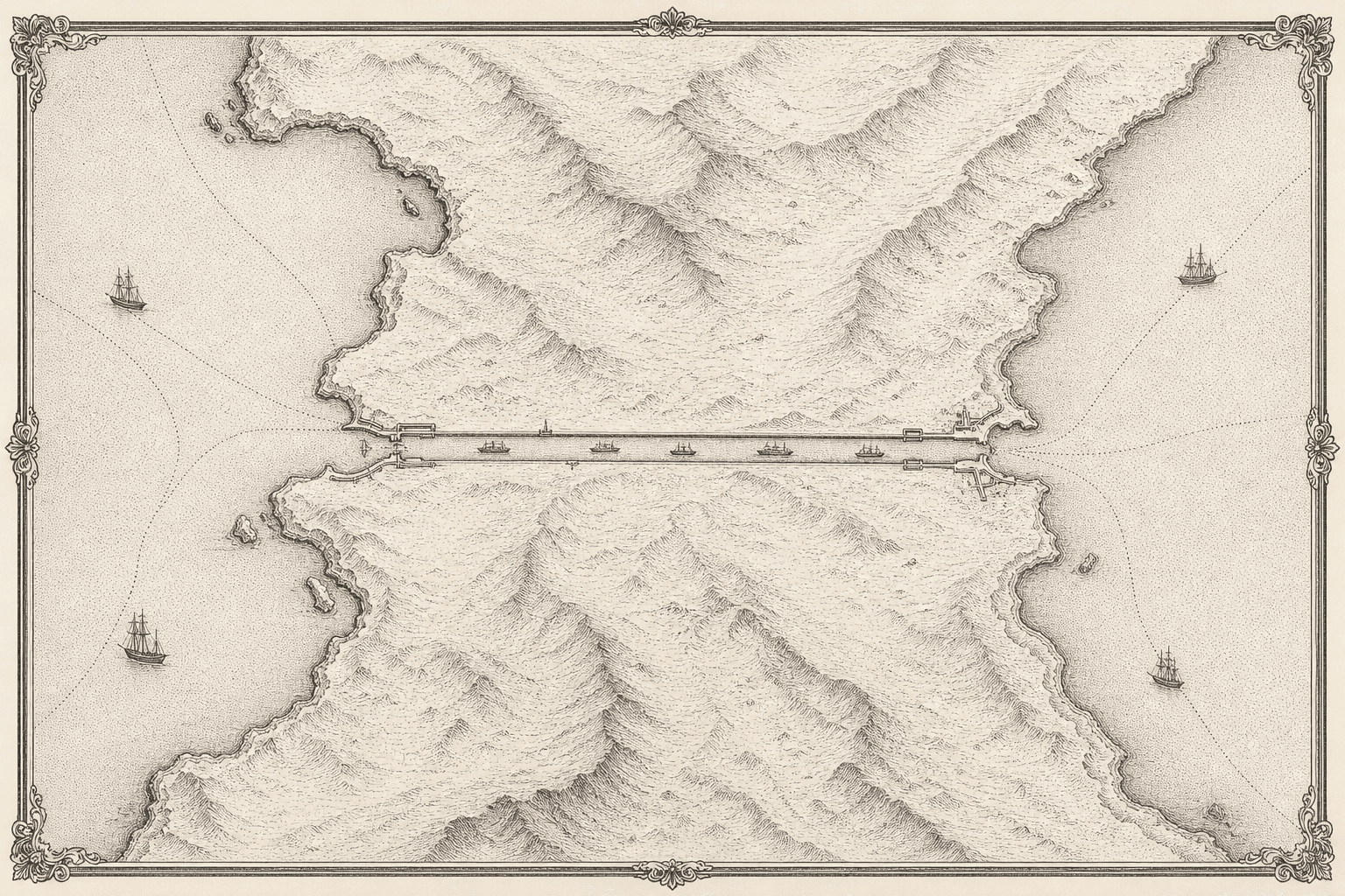 Gravure : un canal artificiel traversant un isthme désertique entre deux mers, dessiné comme une planche cartographique ancienne.