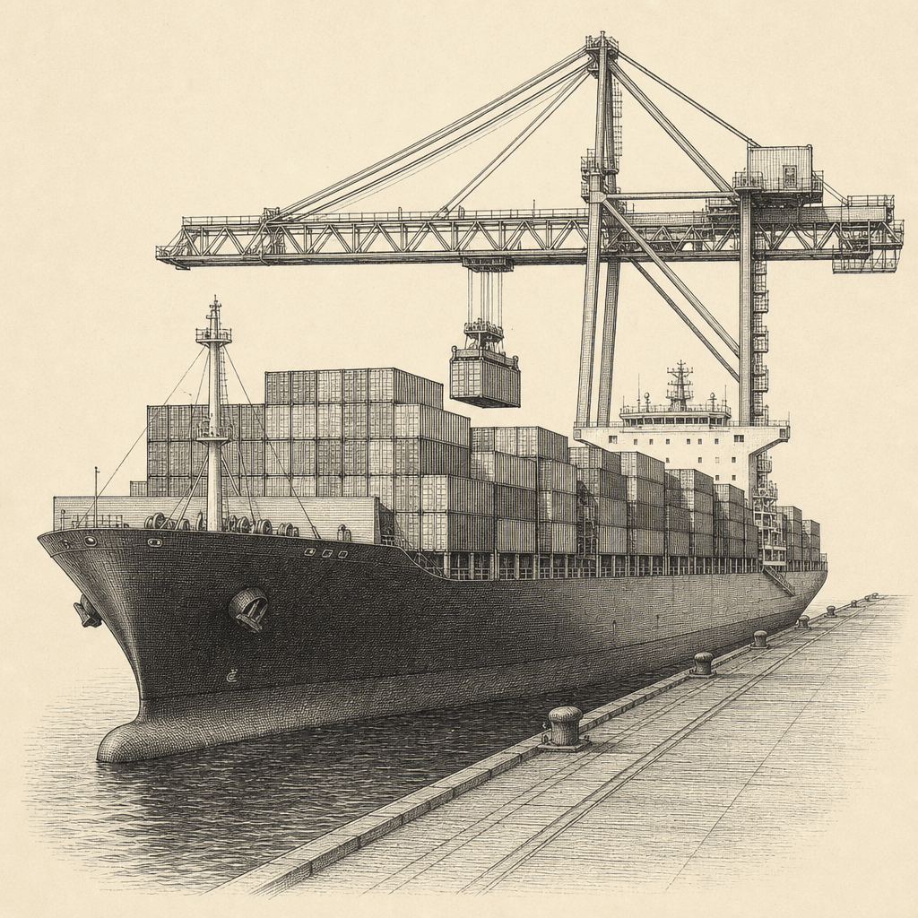 Gravure : un porte-conteneurs à quai, chargé de conteneurs empilés, sous un portique.