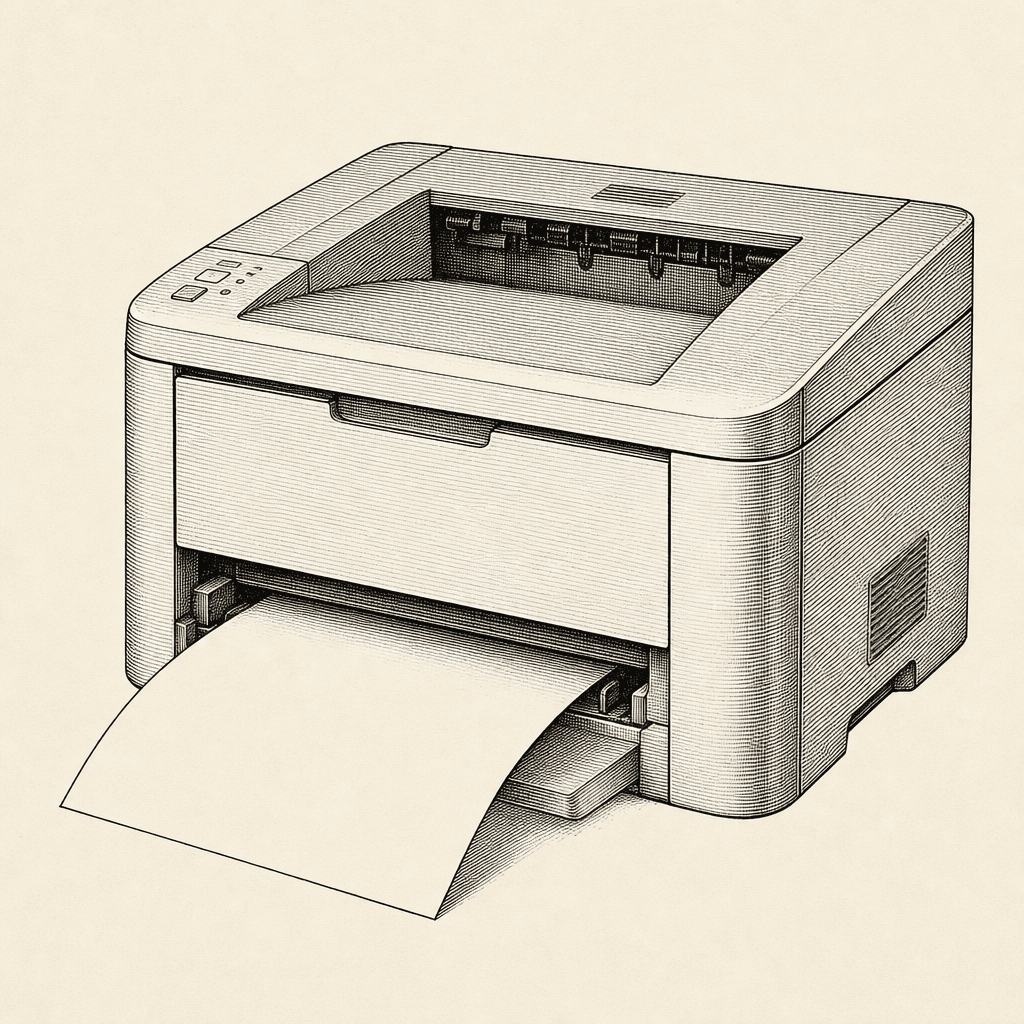 Gravure : une imprimante de bureau, une feuille sortant du bac.
