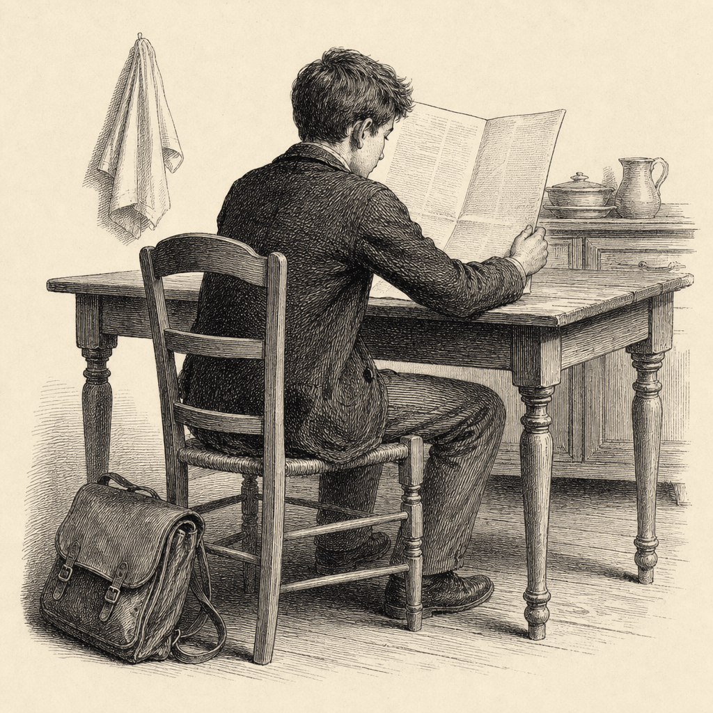 Gravure : un adolescent attablé, lisant une grande feuille tenue à deux mains.
